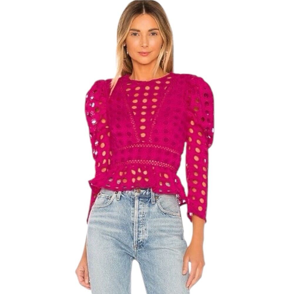 Lovers + Friends Arma Top Women XS Pink Long Sleeve Eyelet Structured Blouse